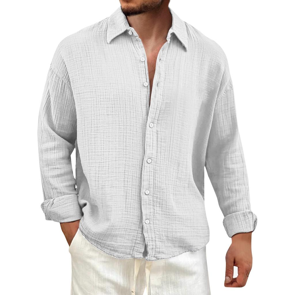 Men's Solid Color Wrinkled Lapel Long Sleeve Shirt Men's Casual Fashion Long Sleeve Shirt