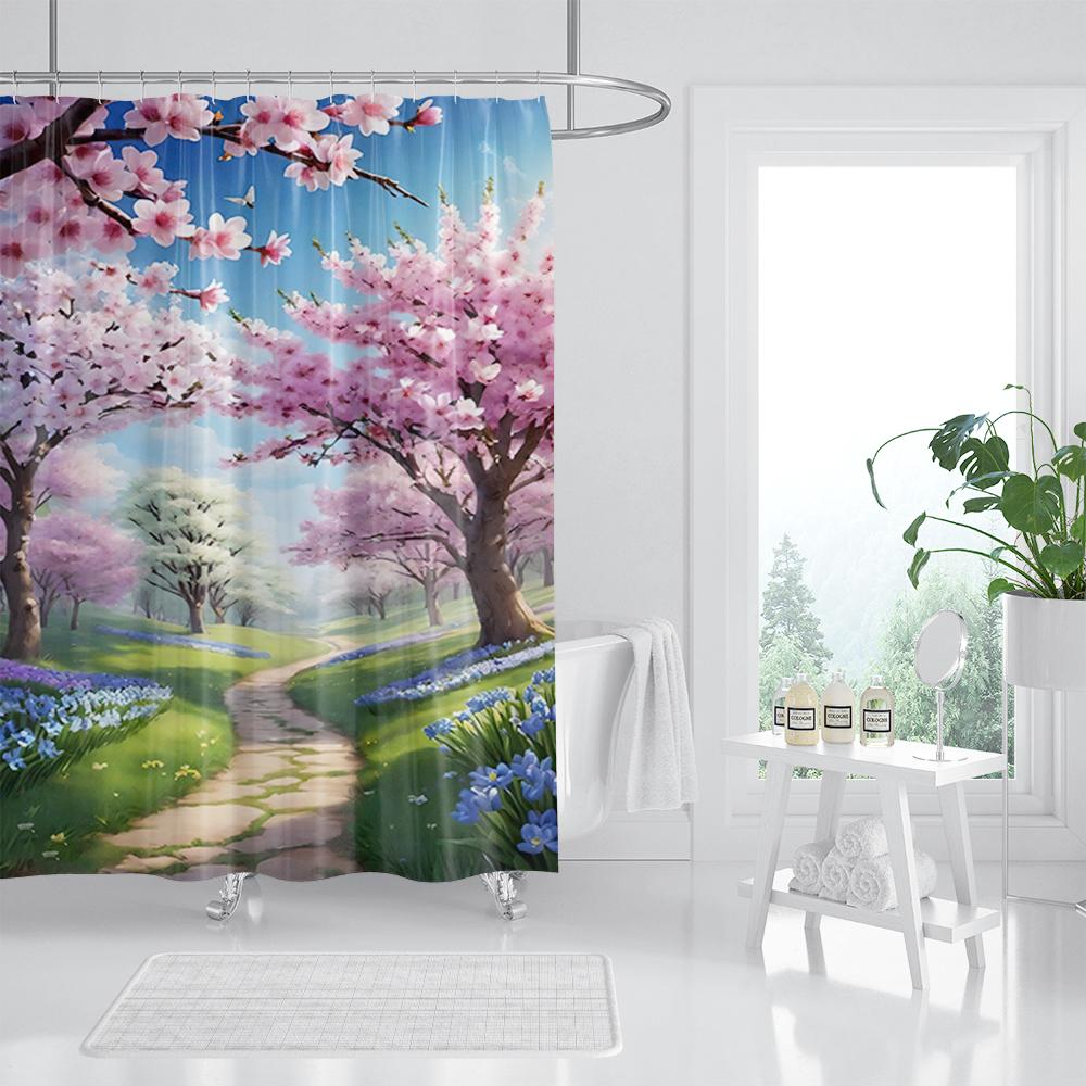 Waterproof Fabric 3D Shower Curtain Bathroom Curtain Pink Tree Landscape Polyester Bath Curtain Decorate With Hooks Cortina