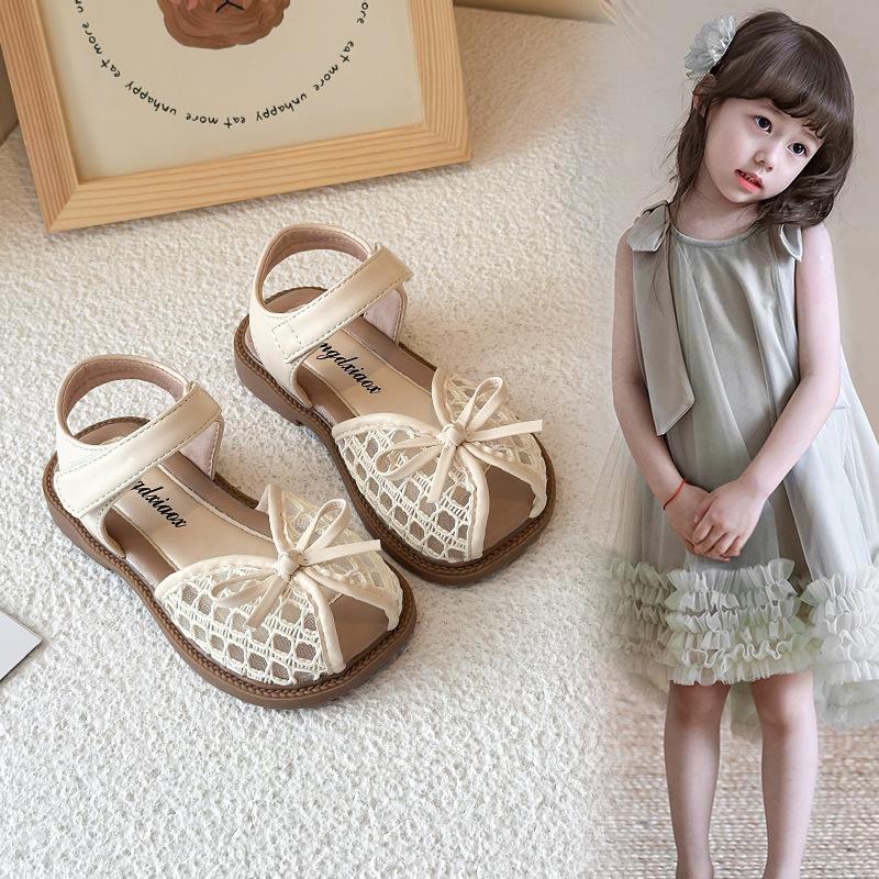 Kids Sandals Peep Top Mesh Breathable Girls Princess Shoes with Simple Bow 2025 Summer New Children Beach Shoes Casual Trendy
