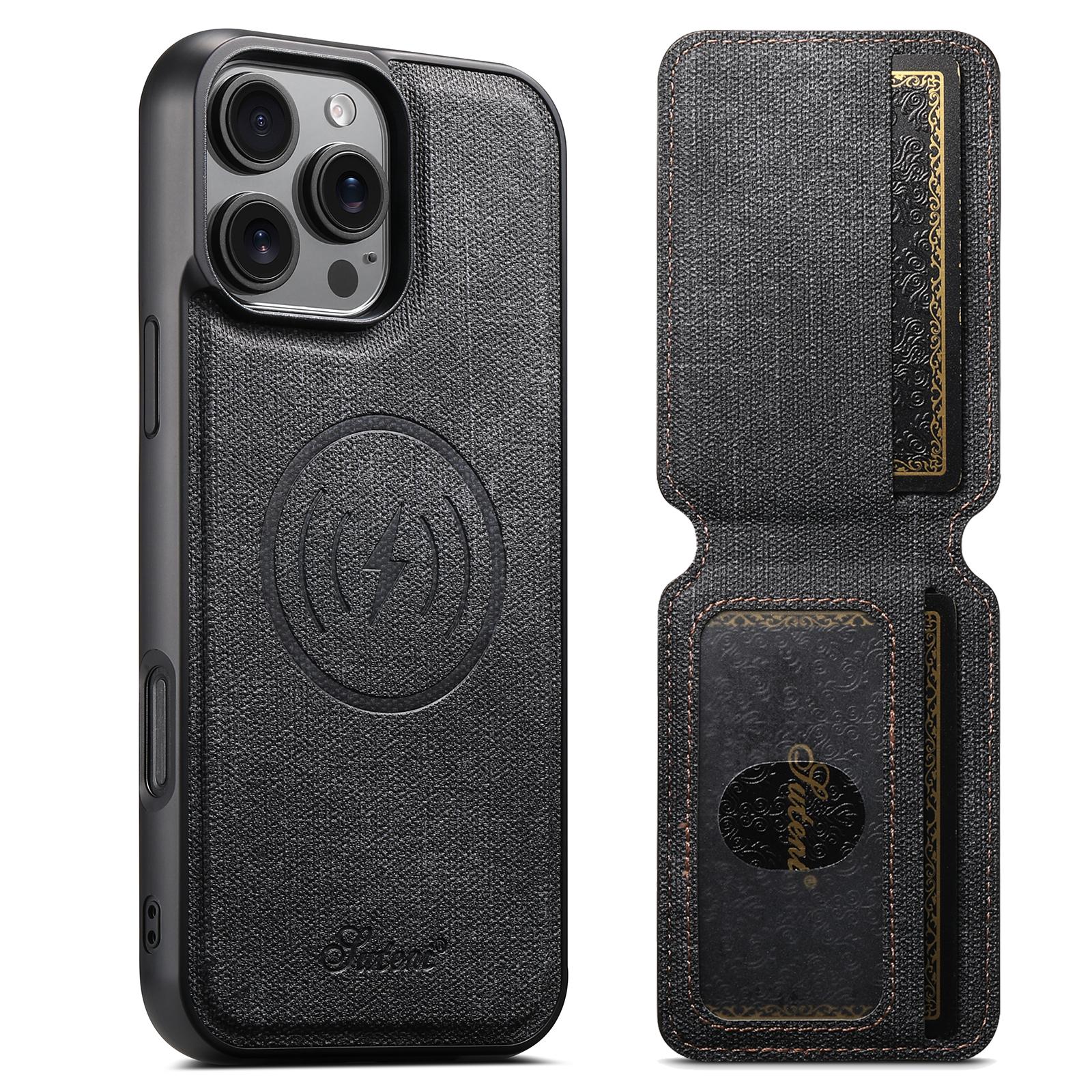 

SUTENI H18 For iPhone 16 Pro Max Magnetic Case Jeans Cloth Texture Leather Back Cover with Card Bag Black