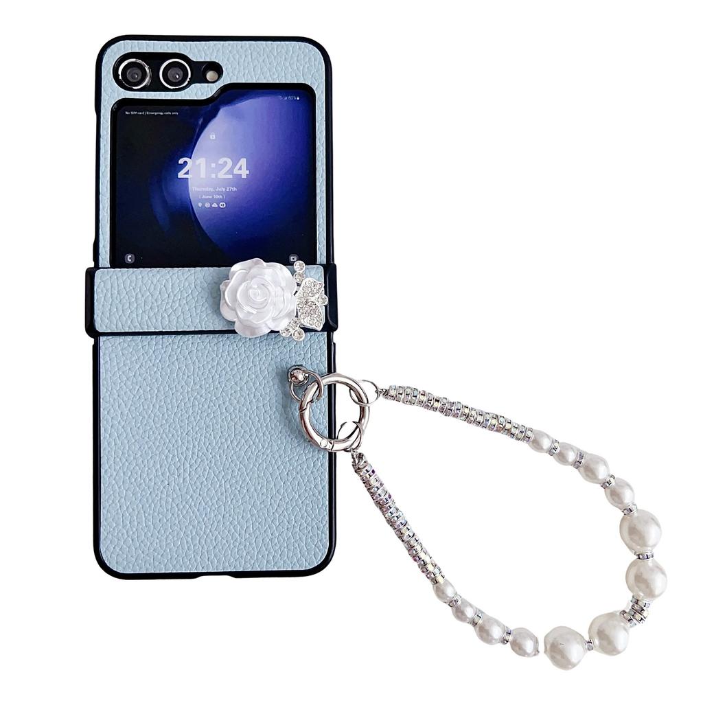 Applicable To Samsung ZFlip5 Mobile Phone Case, Lychee Pattern Zflip4 Bracelet, Camellia Back Cover Case, Protective Case Zflip3.