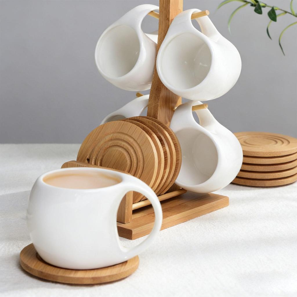 Nordic Style Ceramic Coffee Mug Set with Natural Bamboo Tree Cup Holder and Non-slip Coasters Stylish Kitchen Organizer for Tea and Coffee Home Decor
