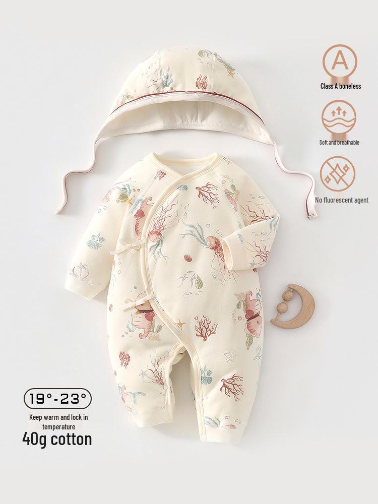 2025 A/W Baby Quilted Hooded Romper, 40g, Class A, Warm Butterfly Suit for Newborns