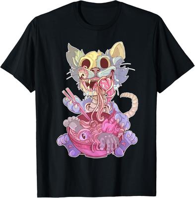 Zombie Cat Ramen Graphic Tee Kawaii Goth Weird Illustration T-Shirt For Men Casual