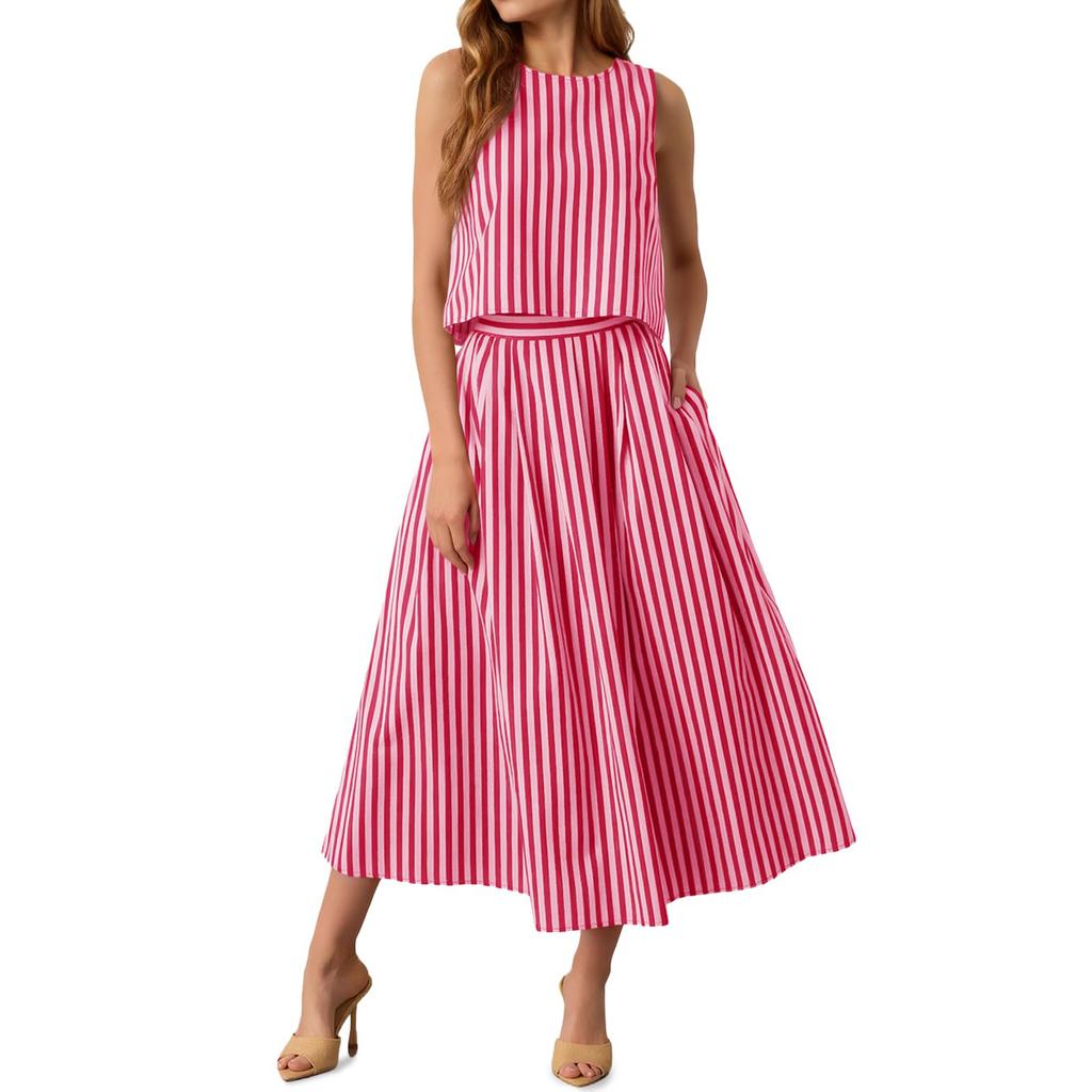 Damen Komfort und Freizeit Zweiteiler Bohemian Strandresort Gestreiftes Tanktop Rock Set
