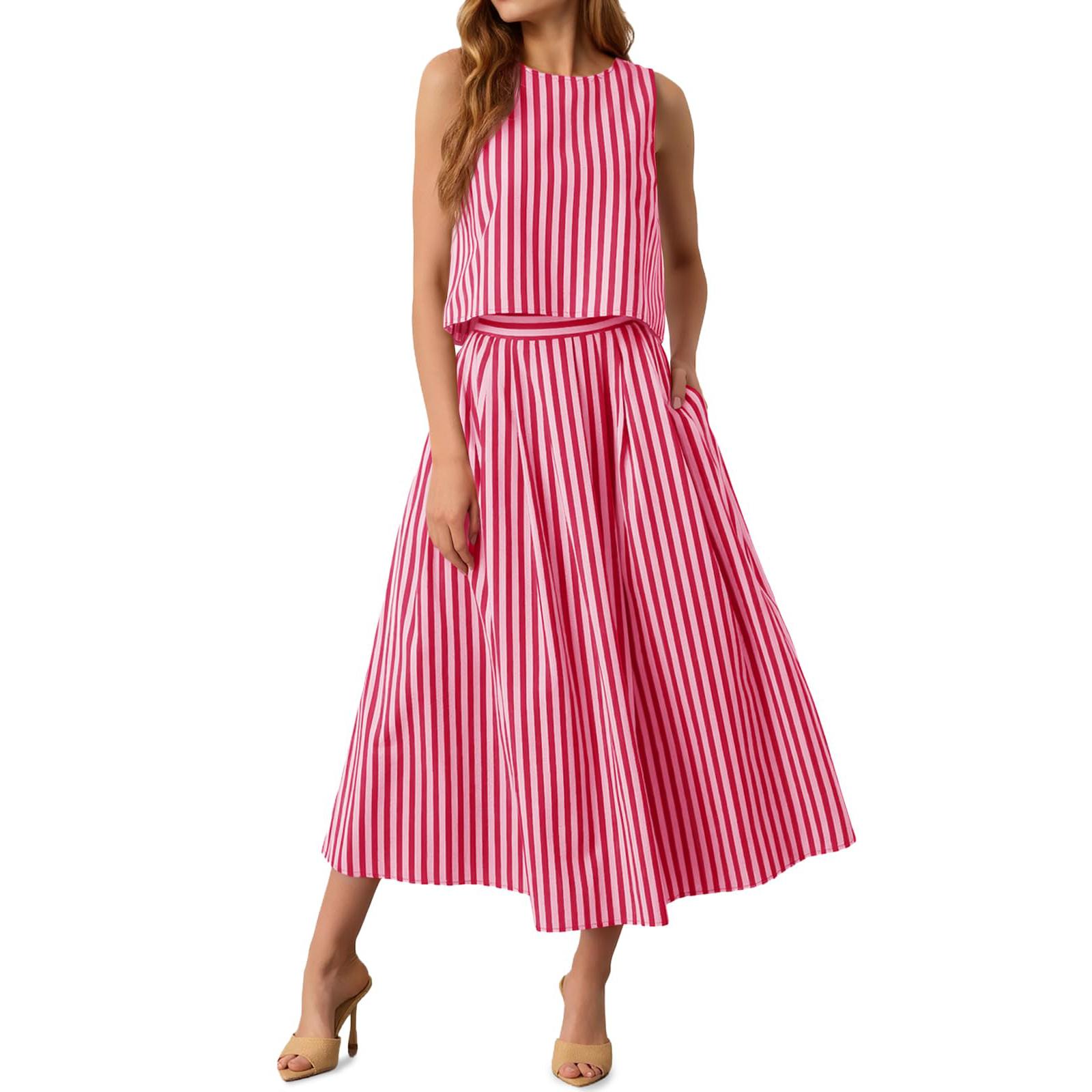 

Женский Комплект из Двух Предметов в Бохо Стиле: Полосатая Майка и Юбка для Комфорта и Отдыха на Пляже L красный