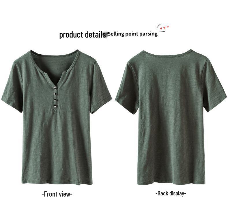 Women's 2024 Summer Plus-Size Retro V-Neck Short-Sleeve T-Shirt - Solid Color, Simple, Versatile, and Trendy.