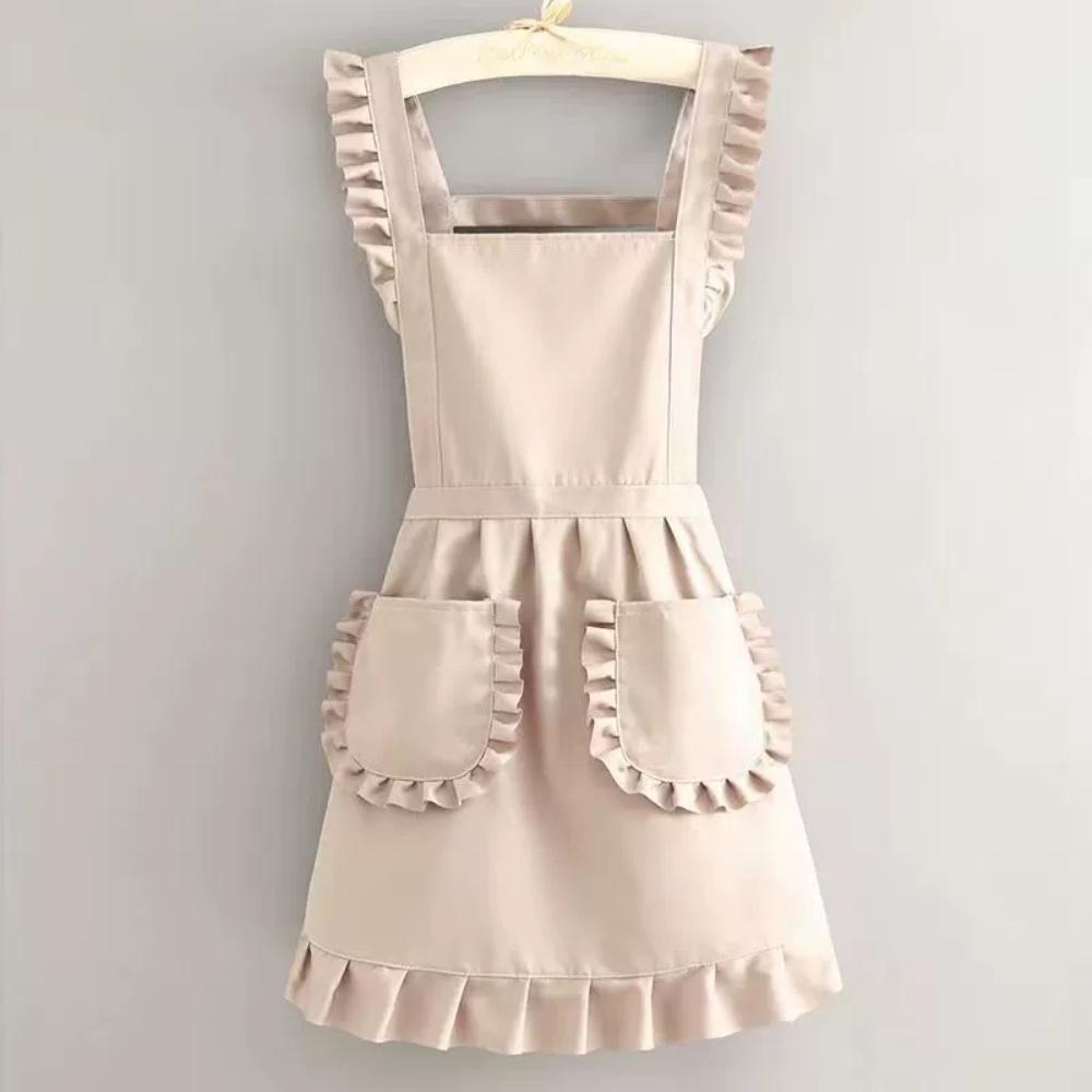 1pc Elegant Apron for Women Cute LaceTrimmed Kitchen Bib with Front Pocket, Polyester Cooking Cleaning Apron, for Home, Cafe,Gardening or Cookin