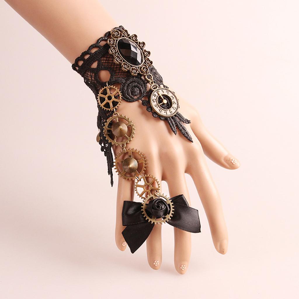 Women Bracelet Ring in 2 Colors with Gear Clock Wrist Guard and Adjustable Ring with Long Bracelet Women Cosplay Props