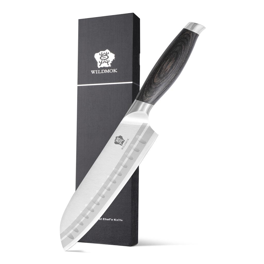 WILDMOK 7 Inch Stainless Steel Santoku Kitchen Knife with Black Pakkawood Handle 2025 Japanese Style