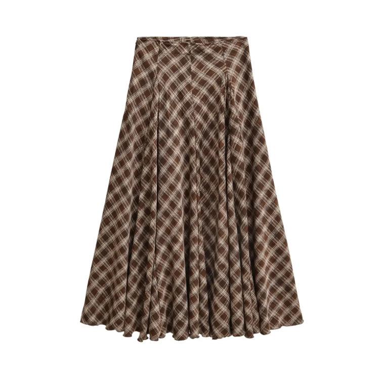 Women's High Waist Slimming A-line Brown Plaid Midi Skirt - 2025 Autumn/Winter Collection