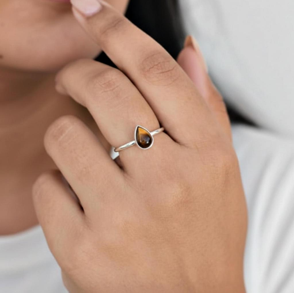 Pear Shape Tiger Eye Stacking Ring, 925 Solid Sterling Silver, Minimalist Statement Boho Gemstone for Women