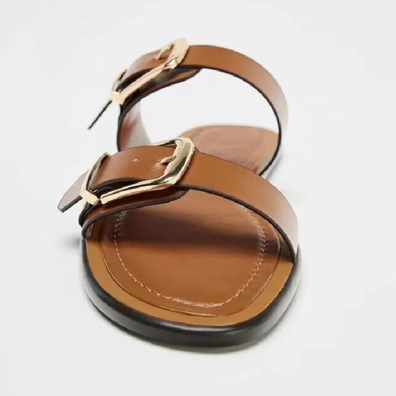 Fashion Fashion Round Toe Roman Buckle Flat Slippers Women Comfort Casual Flip Flops Summer Lightweight Outdoor Beach Sandalias De Mujer