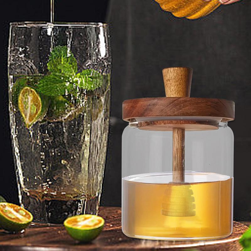 Honey Jar High Borosilicate Glass Sealed Tank with Wooden Lid Mixing Rod Wood Dip Sticks Transparent Honey Sealed Storage Jars