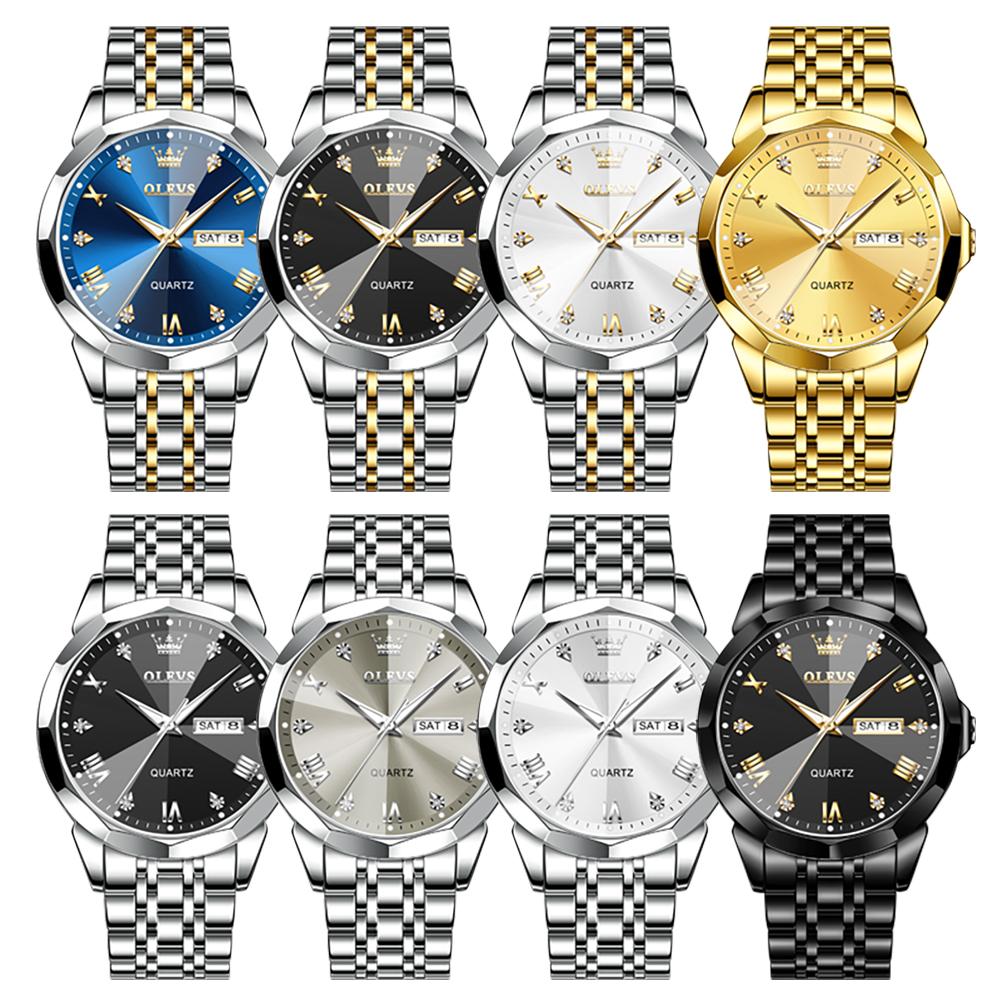 OLEVS Luxury Man Watch Solid Steel Strap Waterproof Men's Watches Fashion Rhombus Mirror Dual Calendar Quartz Wristwatches 9931