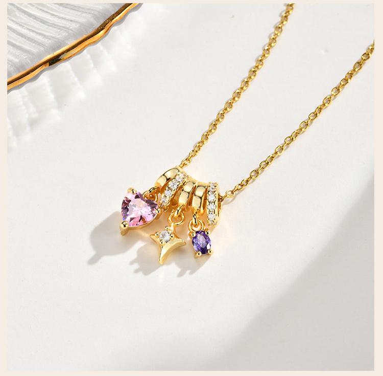 Rosa Zirkonia Herz Halskette Anlaufgeschützter Stern Anhänger für Damen 18K Vergoldet Koreanischer Stil Zierlicher Schmuck