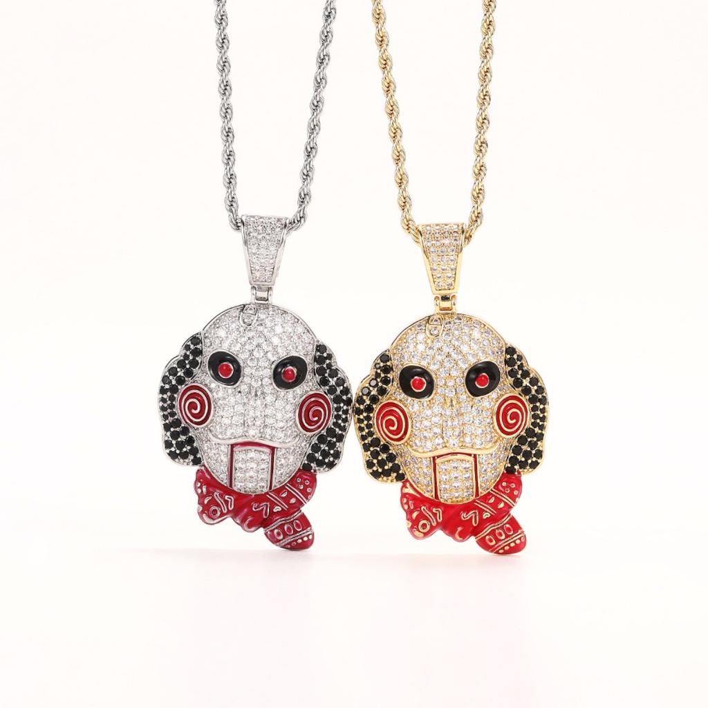 Horror Inspired Puppet Pendant Necklace Sparkling Multicolor Stone Hip Hop Statement Jewelry for Men Women