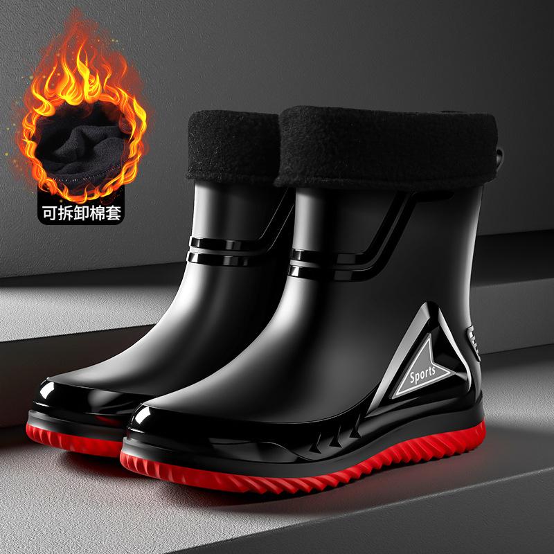 Rain Shoes Men's Medium Tube Non-slip Waterproof Shoes New Fashion Outdoor Water Boots Thermal Short Tube Rubber Shoes Men's Fashion