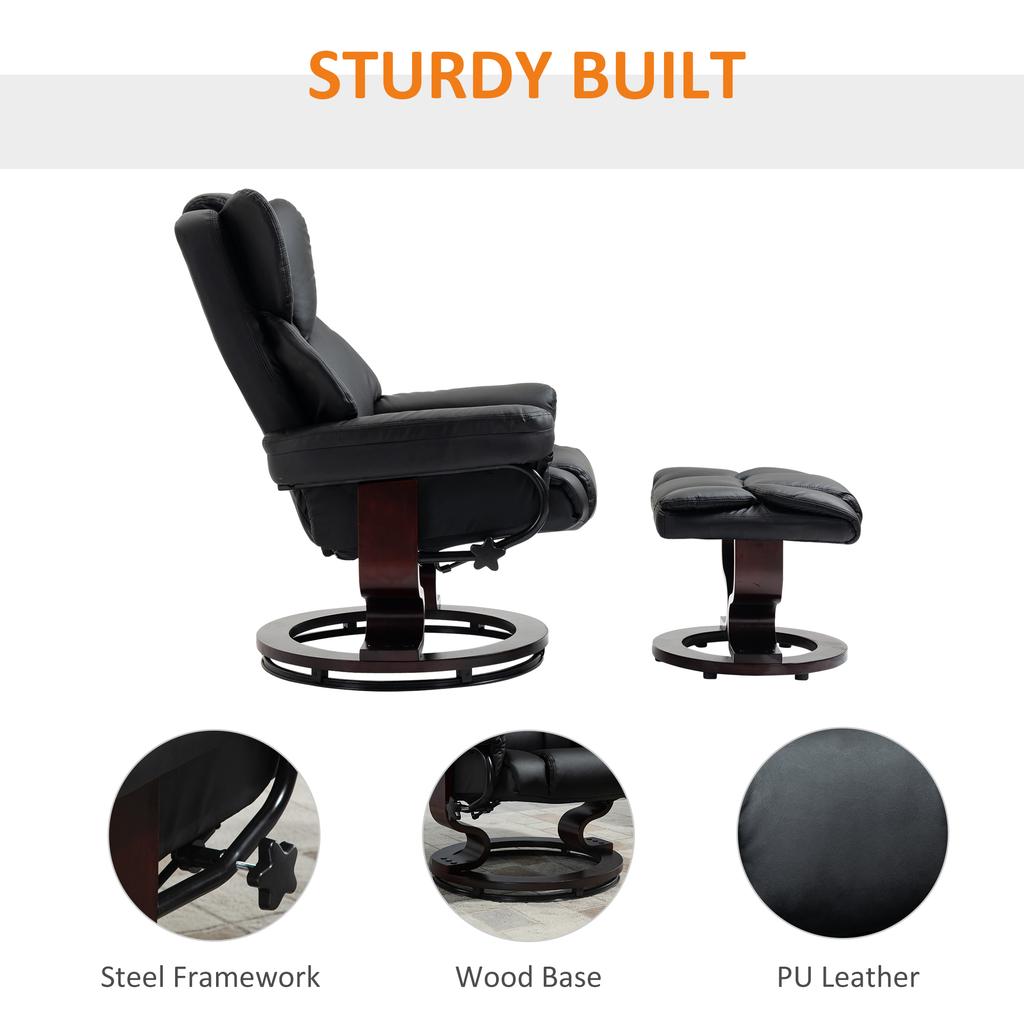 360 Degrees Swivel Recliner Chair with Footstool, PU Leather Manual Recliner Armchair with Footstool, Solid Wood Base