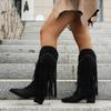 Fashion New Women's Vintage Fringe Boots Knee-High Chunky High Heel Pointed Toe Autumn Long Boots Female Suede Western Cowboy Booties