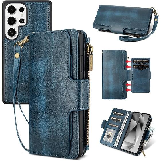 JGY Wallet Case for Samsung Galaxy S25 Ultra PU Leather Detachable Magnetic Wallet Case with Removable Minimalist Front Pocket 5 Card Holder Hand