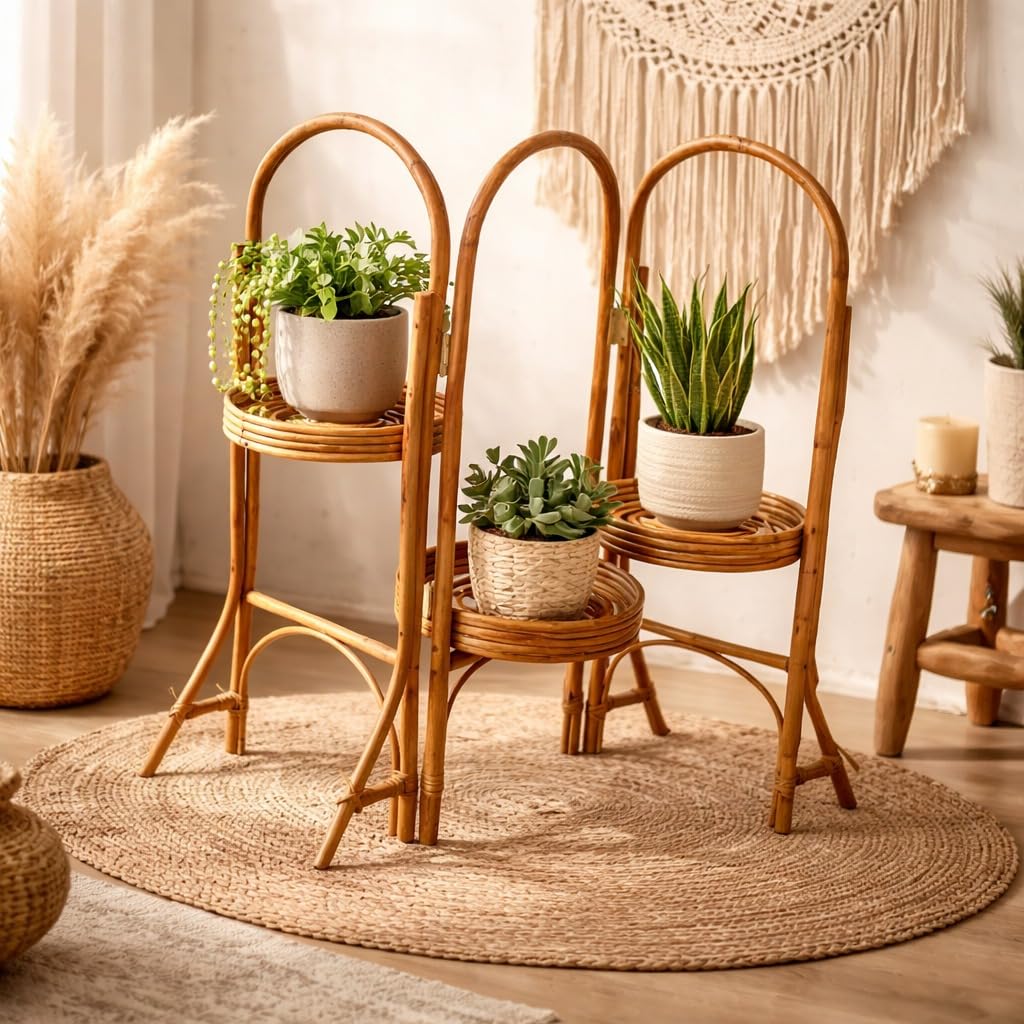 Eco Decx 3 Tier Rattan Plant Stand, Bamboo Indoor Outdoor Flower Pot Stand for Balcony & Living Room Decor, 36 x 33 x 86 cm