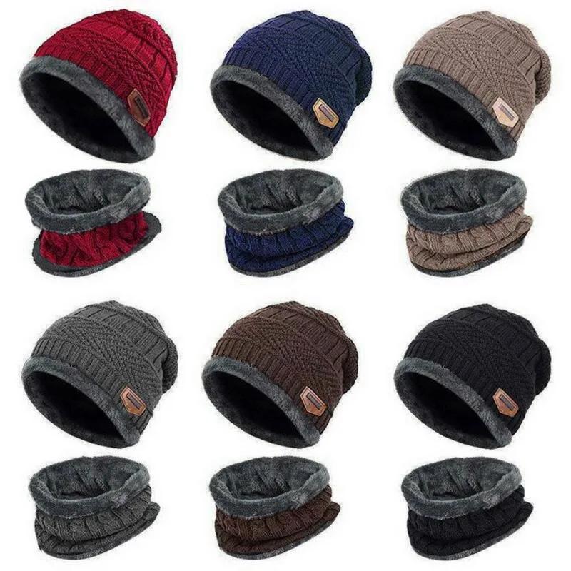 Winter Men's Beanie Knitted Hat Winter Hat Beanie Hat Women's Thick Fleece Collar Scarf Hat Balaclava Face Mask Hat
