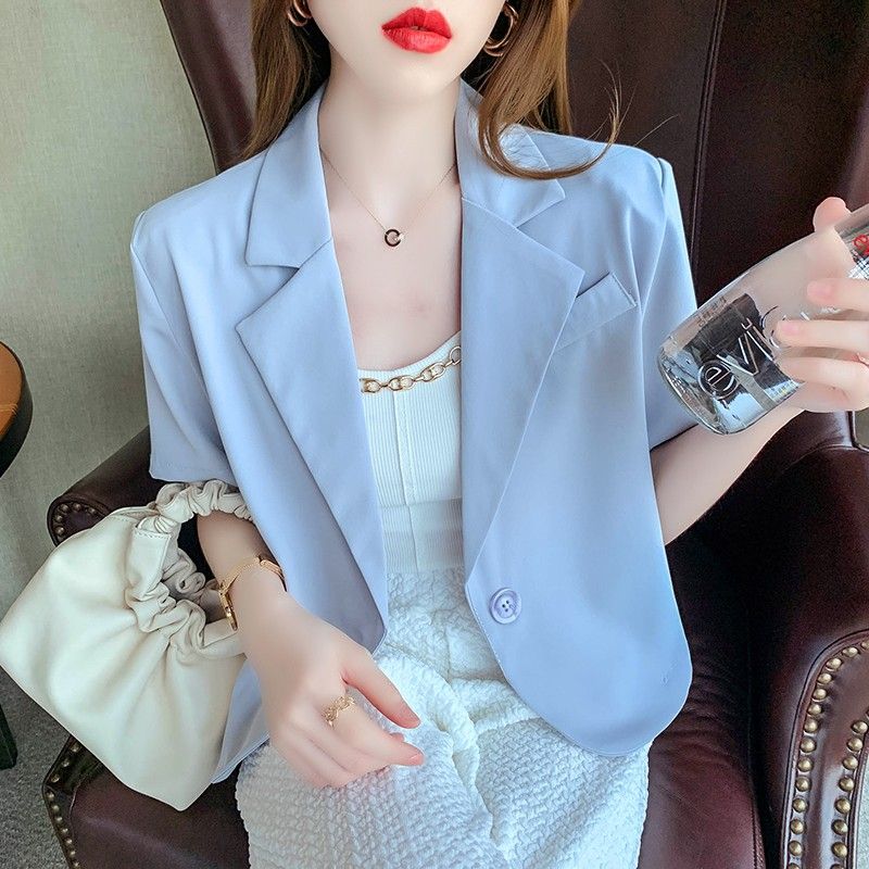Summer Office Lady Solid Color Blazers Stylish Single Button Women's Clothing Short Sleeve Casual Spliced Lapel Loose Suits 2023