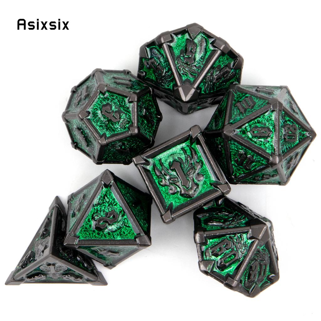 7 Pcs Black Green Skull Metal Dice Solid Metal Polyhedral Dice Set Suitable for Role-Playing RPG Board Game Card Game