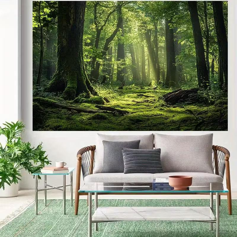 2D Magical Sunbeam Forest Tapestry, Fresh Mossy Green Trees Wall Hanging, Aesthetic Nature Decor
