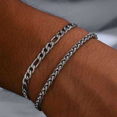 2 stuks Eenvoudig Minimalistisch Verzinkt Roestvrij Staal Ketting Armbanden Set voor Mannen Mode Glanzend Straat Chic Armband Sieraden