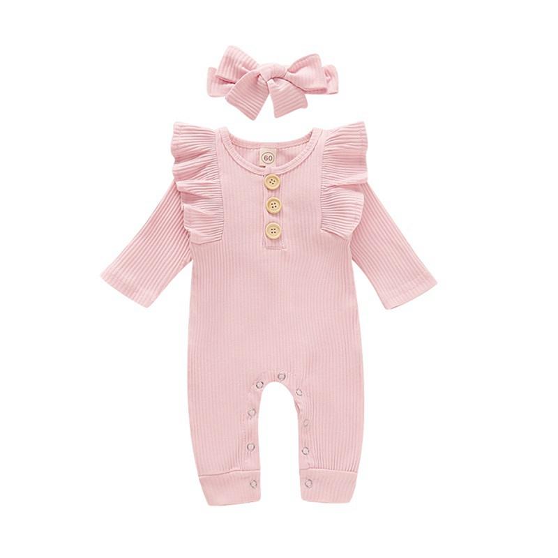 BOOSKU Baby baby meisjes kleding effen gebreide romper effen jumpsuit + haarband outfits lente herfst pasgeboren kostuum S/60