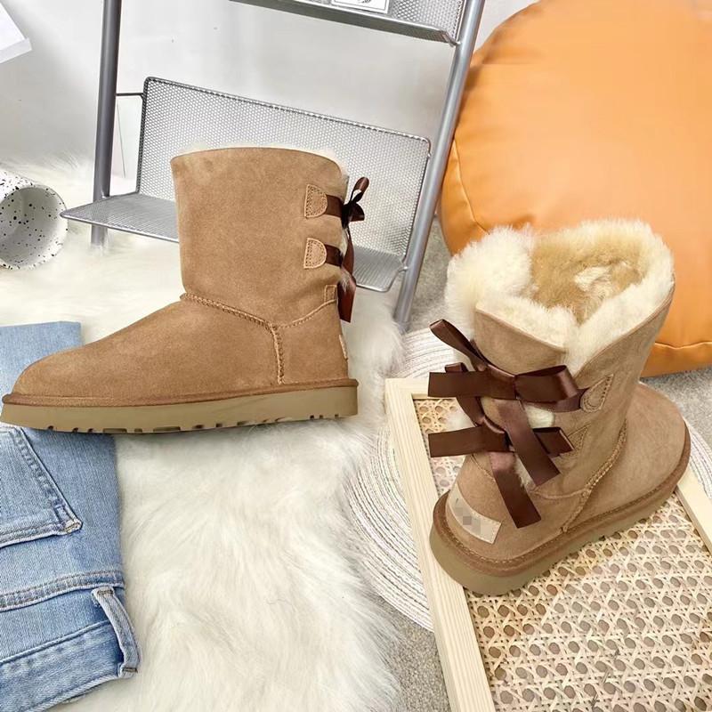 Winter Bow Snow Boots Leather Women's Medium Boots Tall Boots Fleece Thickened Warm Women's Boots