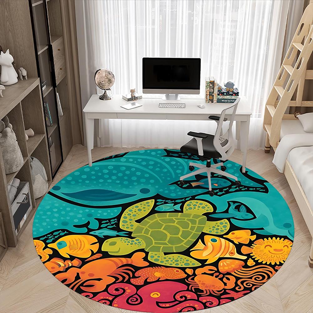 1pc Ocean Creatures Office Round Area Rug, Mat Suitable For Office, Under Office Chairs Bedroom Living Room Home Decor, Room Deco