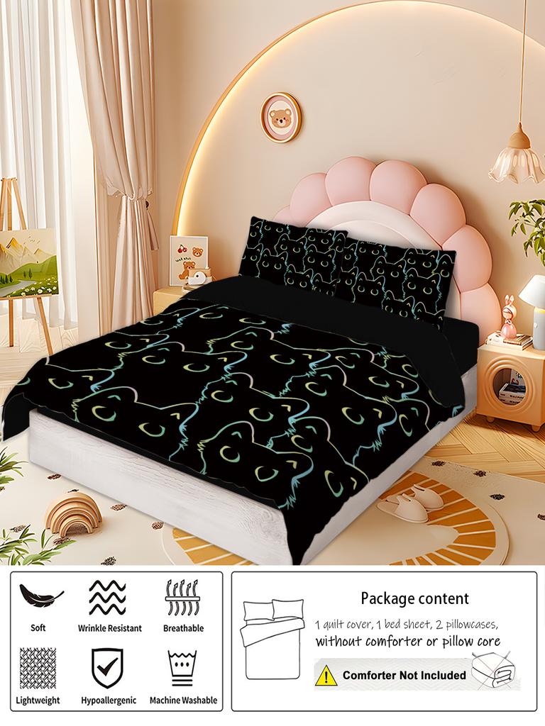 3 st Påslakanset King Size, Tecknat Svart Kattmönster Tryck, Mjukt, Bekvämt och Andningsbart, Sängkläder för Sovrum, Hotell