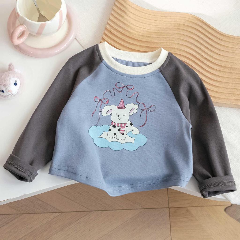 Koreańska Jesienna Koszulka z Długim Rękawem dla Dziewczynek: Uroczy, Blok Kolorów, Wszechstronny Nadruk