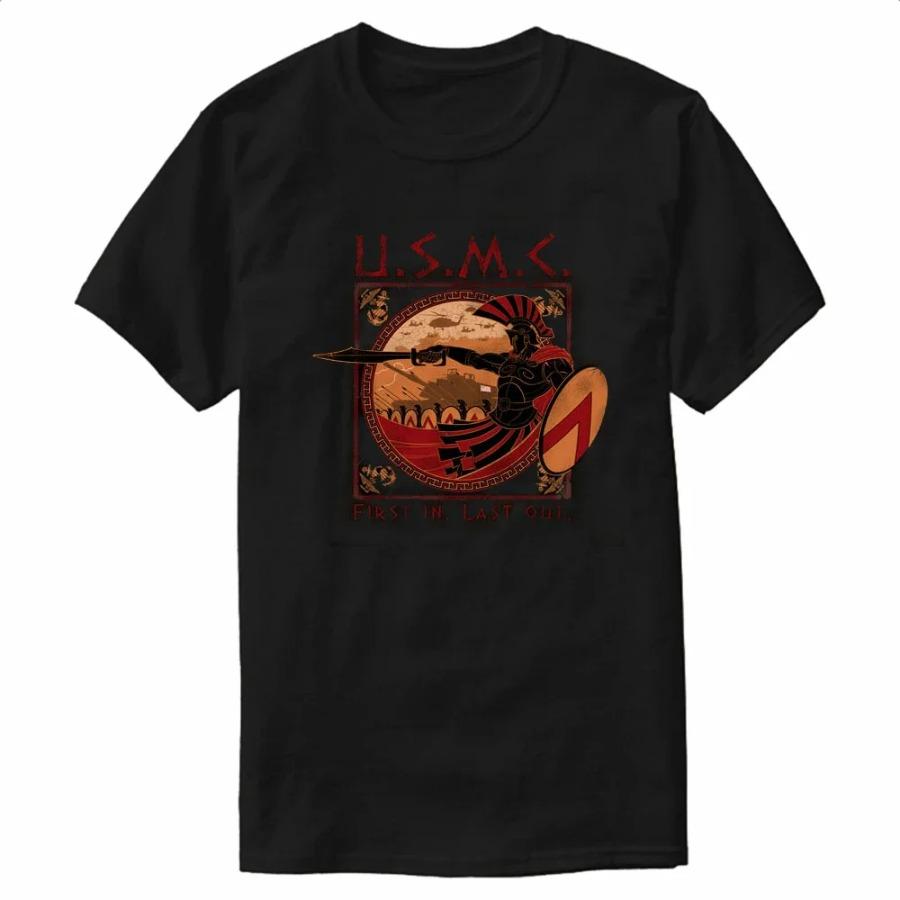 USMC Spartan First In Last Out Battle US Marine Corps TShirt 100 Cotton ONeck Summer Short Sleeve Casual Mens Tshirt S
