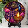2D Flat, 1pc Round Aluminum Wall Hanging Ornament, Happy Diwali Colorful Peacock Gemstone Diya Lotus Marigold Printed Plaque, Wealth Fortune Blessing