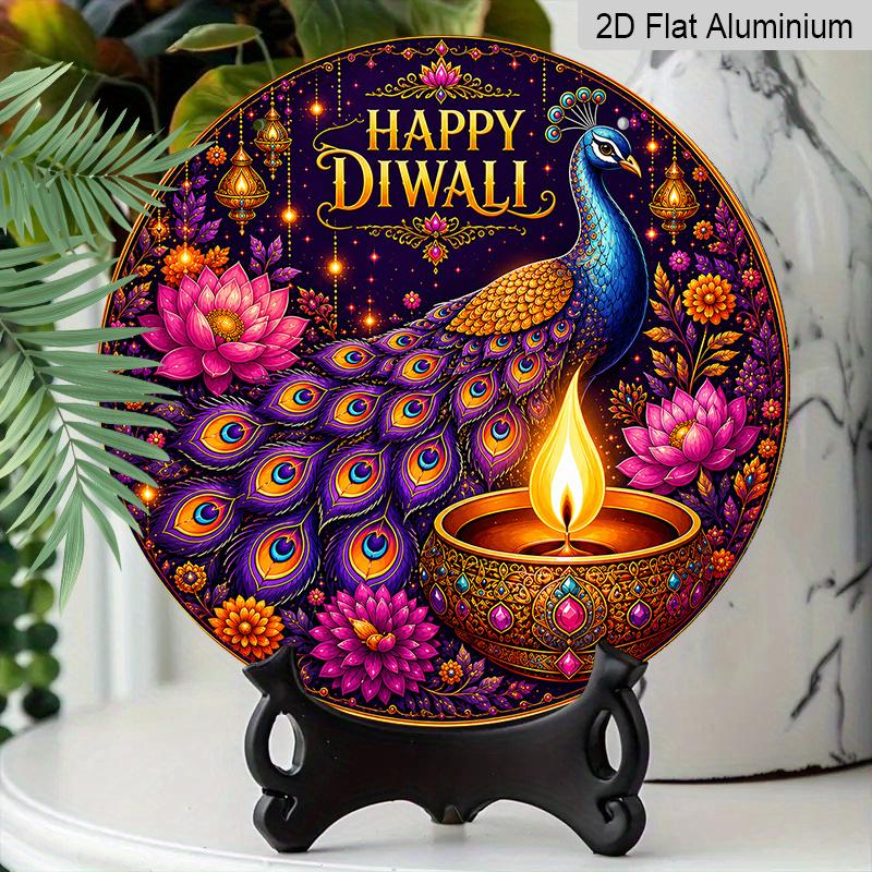 2D Flat, 1pc Round Aluminum Wall Hanging Ornament, Happy Diwali Colorful Peacock Gemstone Diya Lotus Marigold Printed Plaque, Wealth Fortune Blessing