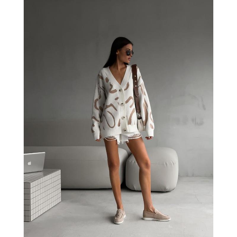 Women S V Neck Abstract Jacquard Knit Cardigan Loose Sweater Coat