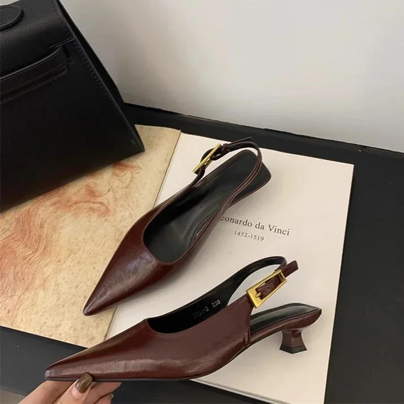 Minimalist Soft Leather Fairy Slim Low Heel Style Sandals New A Single Strap Pointed Leather Shoes Fashion Elegant Women Sandals