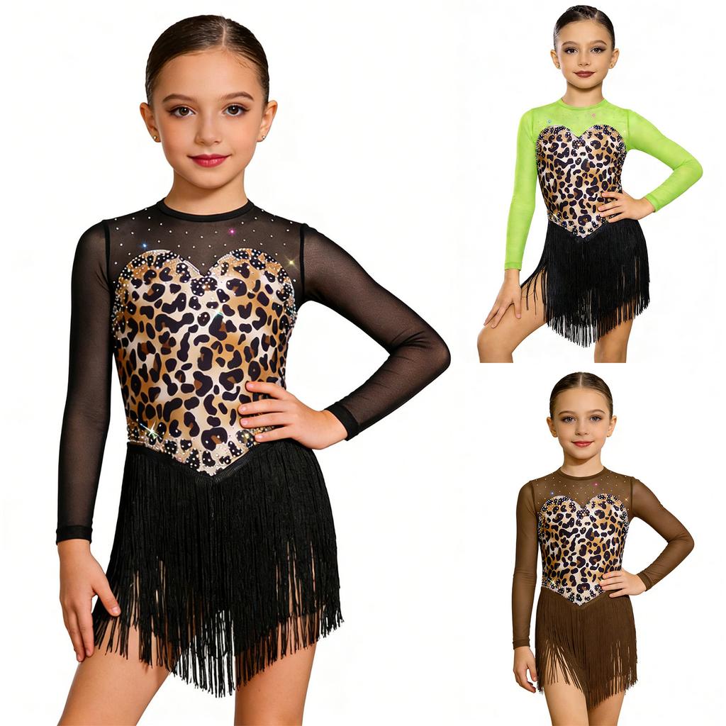Girls Rhinestone Tassel Leopard Print Latin Dress Long Sleeve Keyhole Back Mesh Patchwork Fringe for Competition Performance