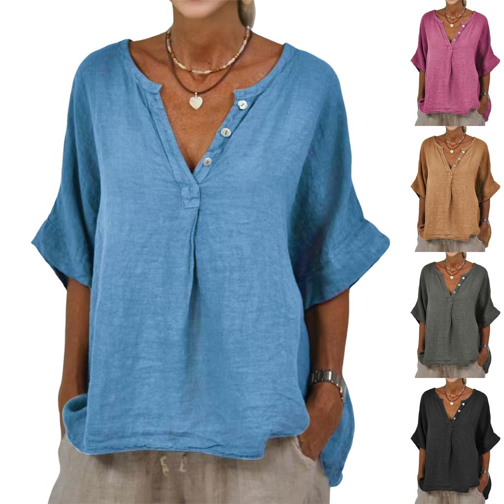 Tricou de damă cu mânecă medie din bumbac și in, culoare solidă, cu guler în V, cu nasturi