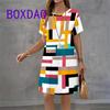 Colorful Geometric Printing Women Fashion Dress Summer Short Sleeve O-Neck Loose A-Line Dress Street Female Large Size Sundress