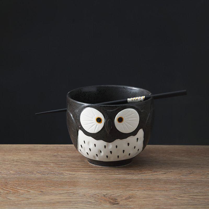 BEPAN Japanese Owl Chopstick Bowl Single Tableware Household Instant Noodles with Perforated Ceramic Simple Rice Bowl