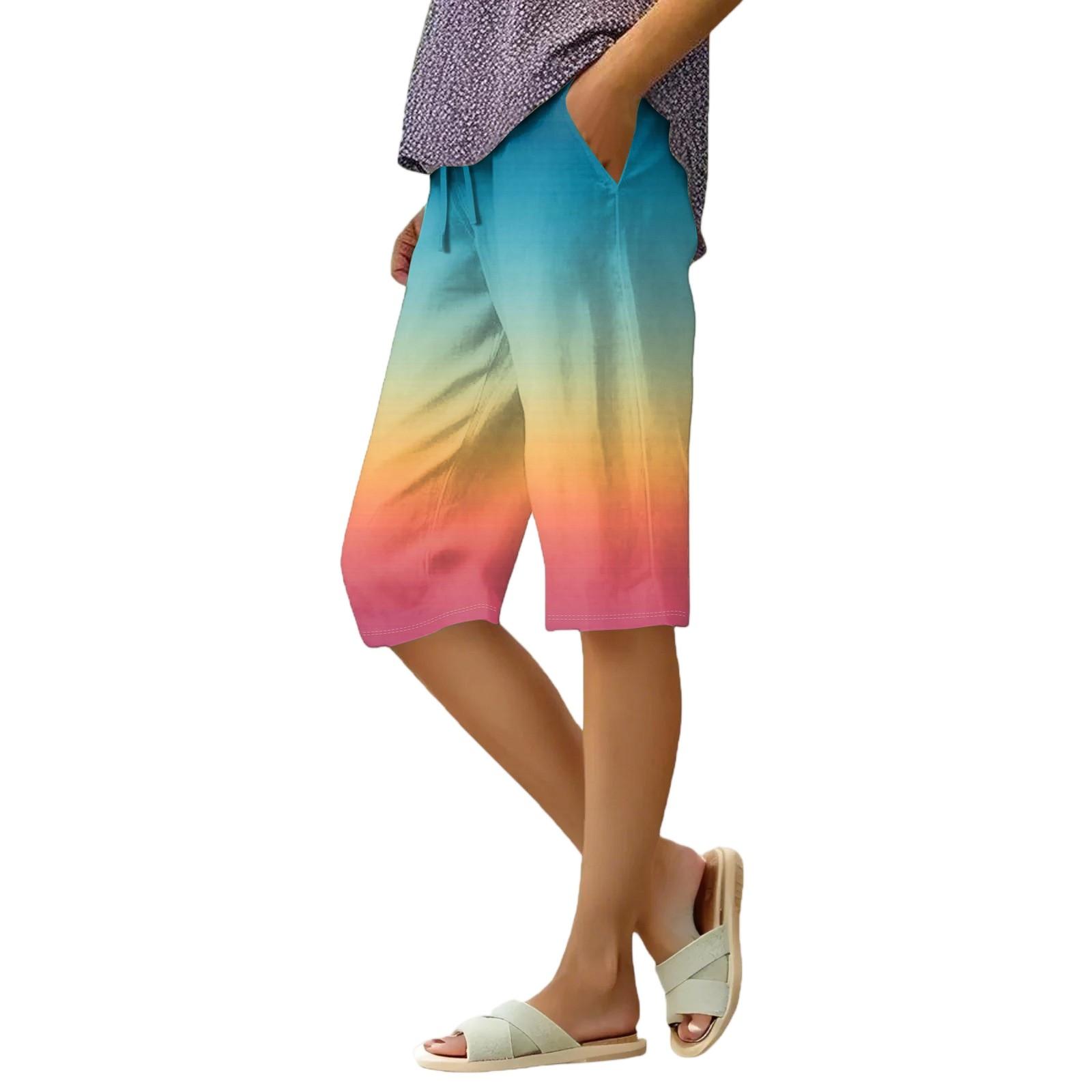 Women s Summer Elasticated Tie Waist Gradient Colour Cotton Linen Loose Shorts XL