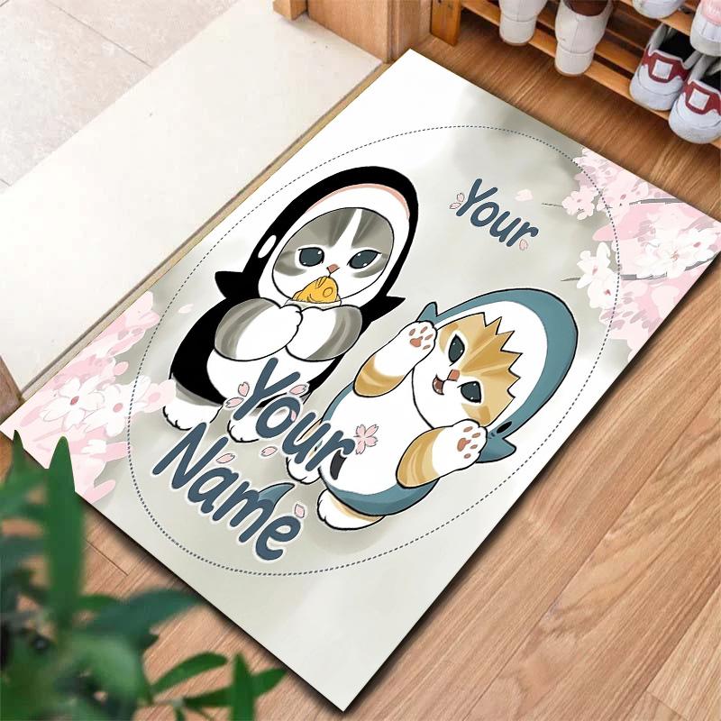 Penguin Cats Adventure Custom Name Carpet Rug For Living Room Bedroom Home Sofa Decoration Kids Play Nonslip Floor Mat