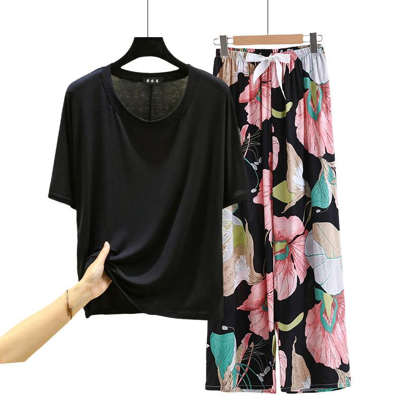 T-shirt girocollo in modal con pantaloni a gamba larga floreali in popeline Set pigiama estivo sottile Tuta casual larga per dormire Loungewear comodo tutto da abbinare