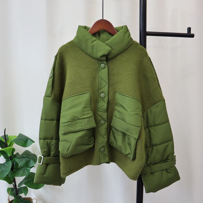 

Осень и зима новая хлопковая одежда в стиле пэчворк вязаный кардиган утолщенный свободный темпераментный дизайн с высоким воротником свитер куртка женская one size fits all зелёный