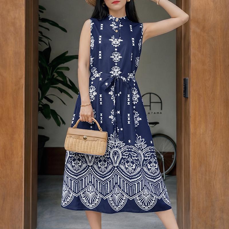 ZANZEA Women Bohemian Print Casual Stand Collar Loose Sleeveless Dress S